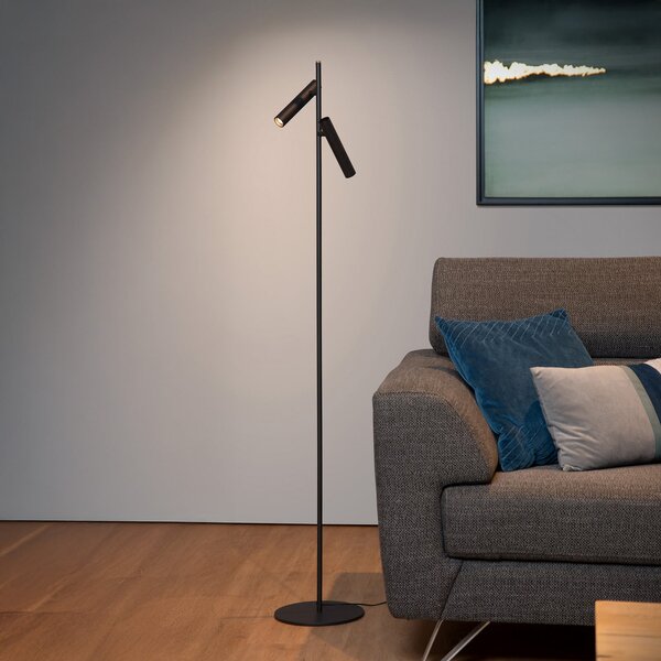 Lucide LED-stoječa svetilka PHILON, črna, z dvema svetlobnima viroma, višina 140 cm,, zatemnjen, Črna, Dnevna soba / jedilnica, Aluminij, Sodobni