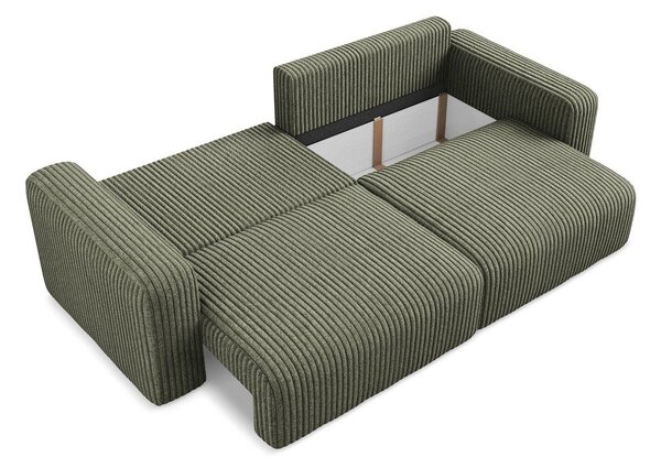 Zelena raztegljiva sedežna garnitura iz rebrastega žameta s prostorom za shranjevanje 252 cm Kona – Makamii