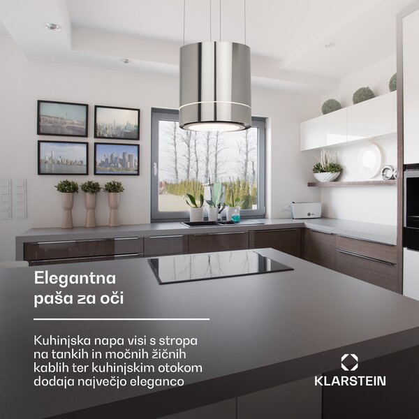 Klarstein Tron Ambience, otočni digestor, Ø 38 cm, recirkulacija 540 m³ / h, LED, nerjaveče jeklo