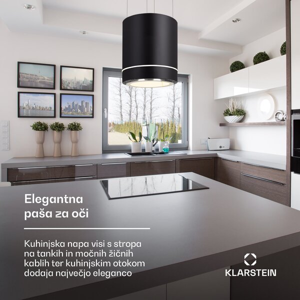 Klarstein Tron Ambience, otočna kuhinjska napa, Ø 38 cm, recirkulacija 540 m³ / h, LED, črna