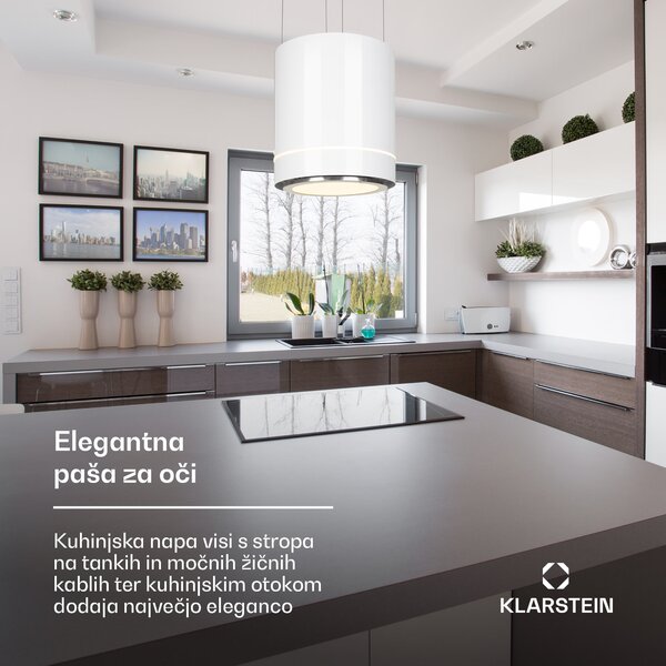 Klarstein Tron Ambience, otočna kuhinjska napa, Ø 38 cm, recirkulacija 540 m³ / h, LED, bela