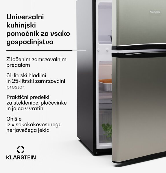 Klarstein Big Daddy Cool, hladilnik z zamrzovalnikom, 61/25 l, 2 nivoja, nerjaveče jeklo