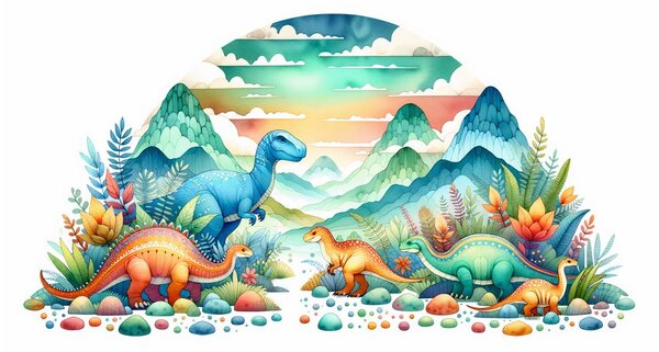 Slika pisani dinozavri v gorah