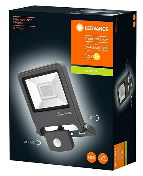 LED reflektor Ledvance Endura Flood s senzorjem (30 W, 2.400 lm, 3.000 K, IP44, domet 2–9 m, antracit)