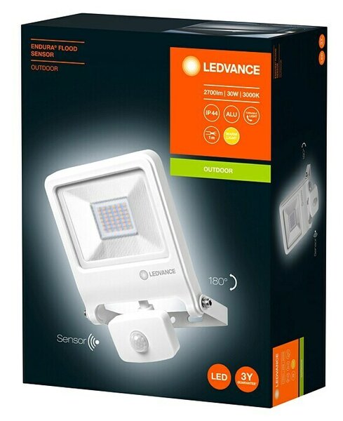 LED reflektor Ledvance Endura Flood s senzorjem (30 W, 2.400 lm, 3.000 K, IP44, domet 2–9 m, bele barve)