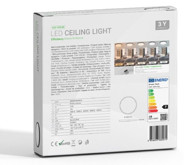 LED stropna svetilka Green Tech (18 W, 225 x 24 mm, črna)