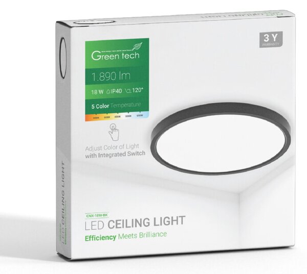 LED stropna svetilka Green Tech (18 W, 225 x 24 mm, črna)