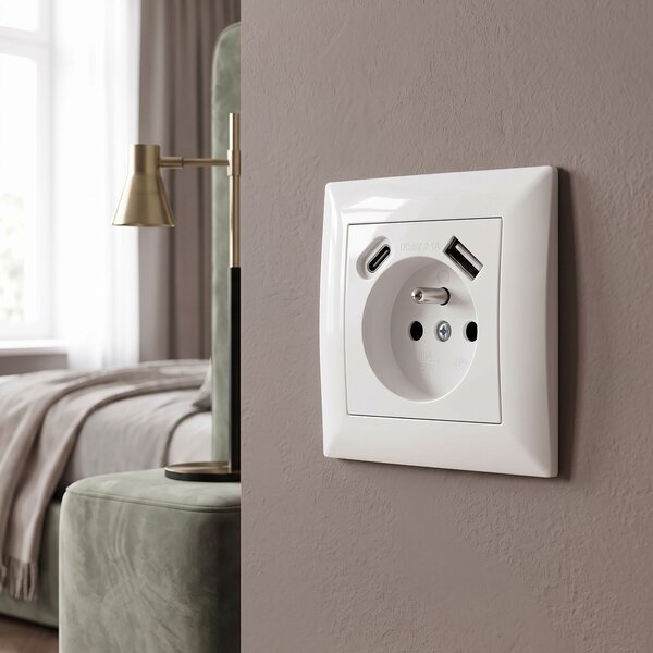 Enojna vtičnica z ozemljitvijo + USB-A USB-C OSTE JNH004-G White