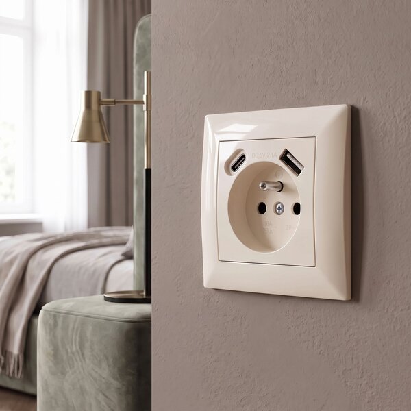 Enojna vtičnica z ozemljitvijo + USB-A USB-C OSTE JNH004-G Beige