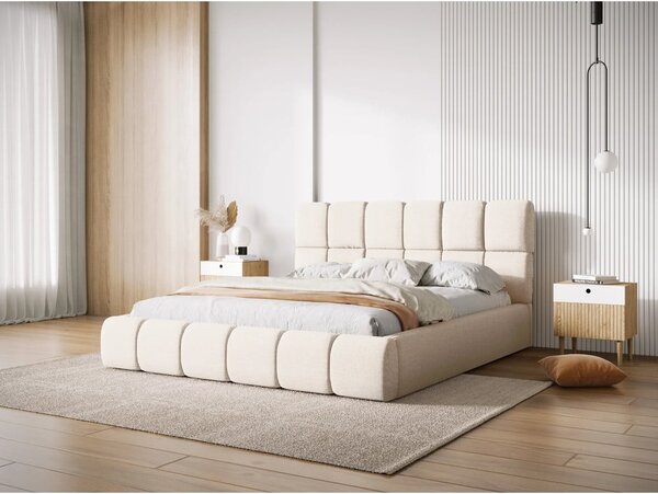 Kremno bela oblazinjena zakonska postelja s prostorom za shranjevanje z letvenim dnom 160x200 cm Bellis – Micadoni Home