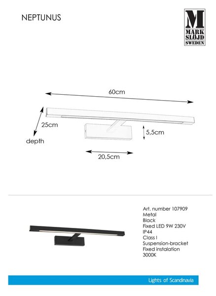 Črna stenska svetilka LED (dolžina 60 cm) Neptunus - Markslöjd