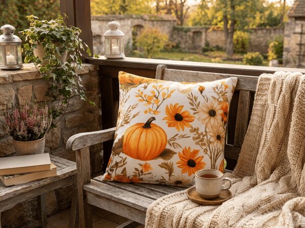Prevleka za vzglavnik iz mikrovlaken FLOWERS AND PUMPKINS 45x45 cm, oranžna