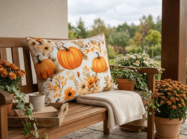 Prevleka za blazino iz mikrovlaken FLOWERS AND PUMPKINS 50x70 cm, oranžna