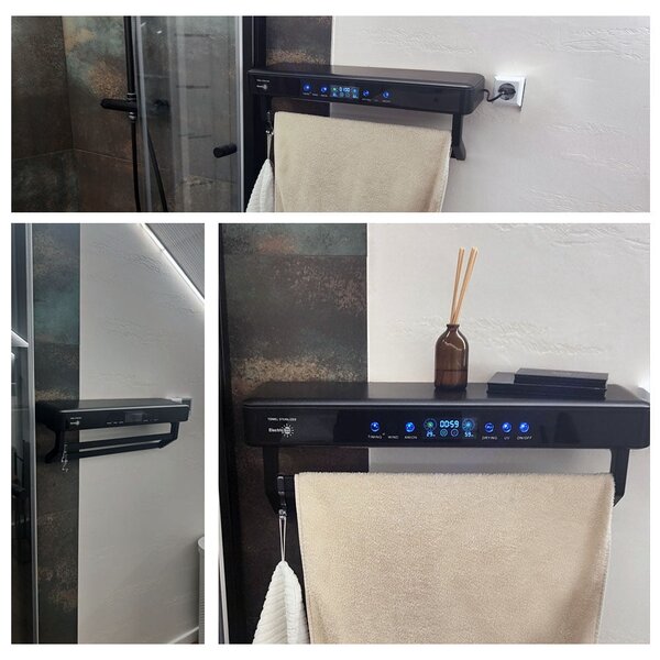 Pametni sušilnik brisač, ElectricSun PREMIUM Black, crni, z UV sterilizatorjem, montaža na steno, za kuhinjo in kopalnico, 60 cm, 450W