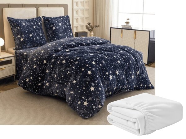 Set posteljnine mikropliš STARLIGHT temno modra + rjuha mikropliš SOFT 90x200 cm bela, enojna postelja