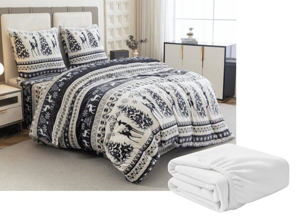 Set posteljnine mikropliš WINTER DEER siva + rjuha mikropliš SOFT 90x200 cm bela, enojna postelja