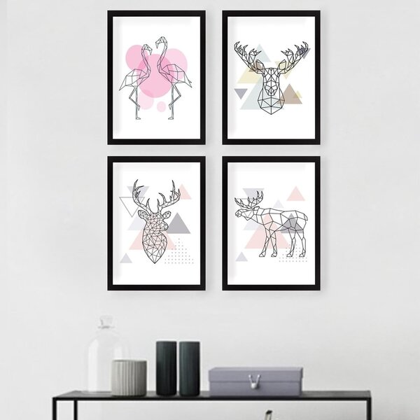 Plakati v kompletu 4 ks z okvirjem 24x29 cm Geometric Animals – Wallity