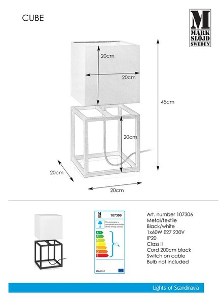 Črno-bela namizna svetilka Markslöjd Cube, 20 x 20 cm