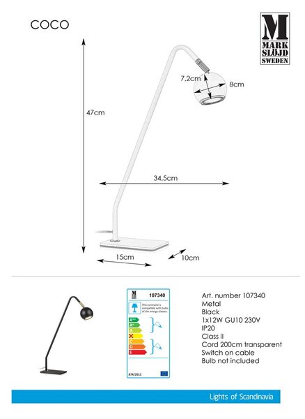 Črna namizna svetilka Markslöjd Coco, višina 47 cm