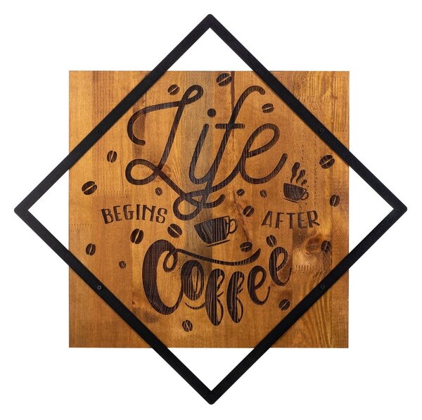 Lesena/kovinska stenska dekoracija 54x54 cm Life Begins After Coffee – Wallity