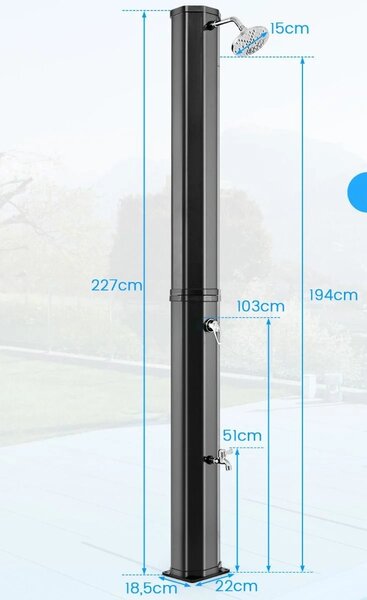 Solarni tuš 60 litrski vrtni tuš, dim. 227 cm do 60°C bazenski tuš z vrtljivo glavo prhe - sivo/črn