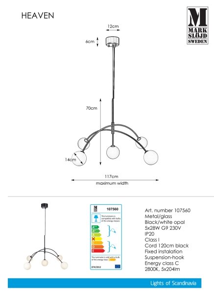 Markslöjd 107560 - Lestenec na vrvici HEAVEN 5xG9/28W/230V