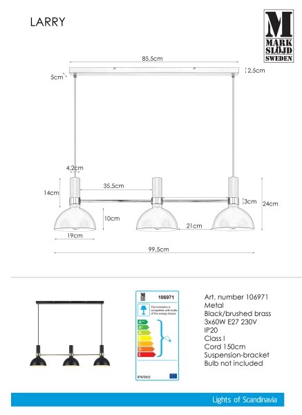 Markslöjd 106971 - Lestenec na vrvici LARRY 3xE27/60W/230V črna/zlata