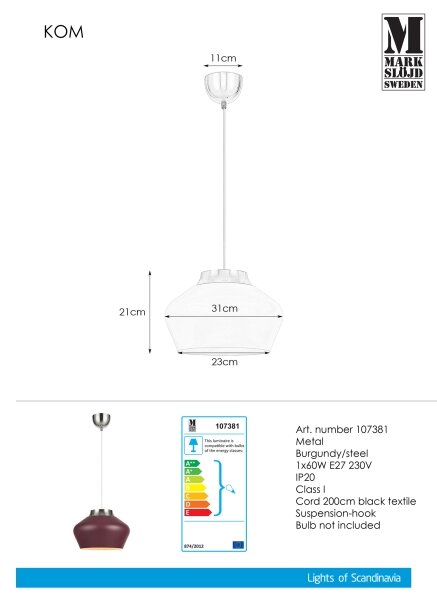 Markslöjd 107381 - Lestenec na vrvici KOM 1xE27/60W/230V