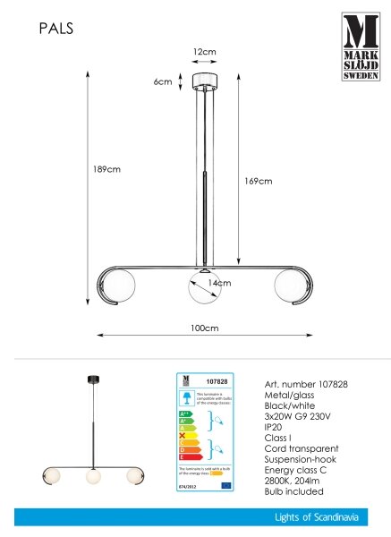 Markslöjd 107828 - Lestenec na vrvici PALS 3xG9/20W/230V