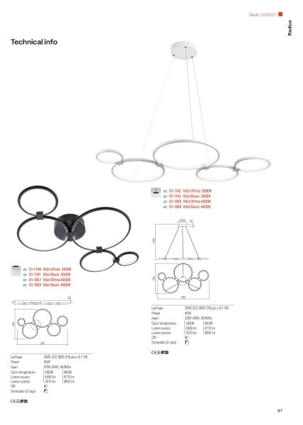 Redo 01-1742 - LED Lestenec na vrvici RADIUS LED/45W/230V bela