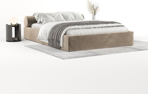 Svetlo rjava oblazinjena zakonska postelja s prostorom za shranjevanje z letvenim dnom 180x200 cm Solvo – Maison de Rêve