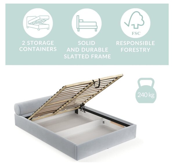 Svetlo rjava oblazinjena zakonska postelja s prostorom za shranjevanje z letvenim dnom 180x200 cm Solvo – Maison de Rêve