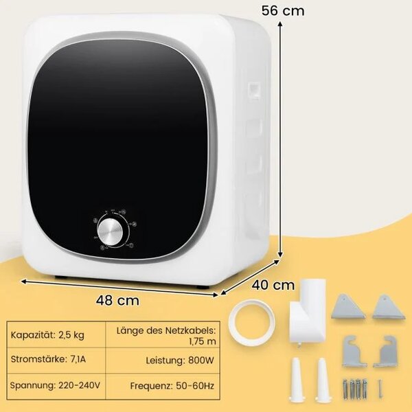 Mini sušilni stroj do 5 kg s 5 programi, do 69 ℃, moč 800 W