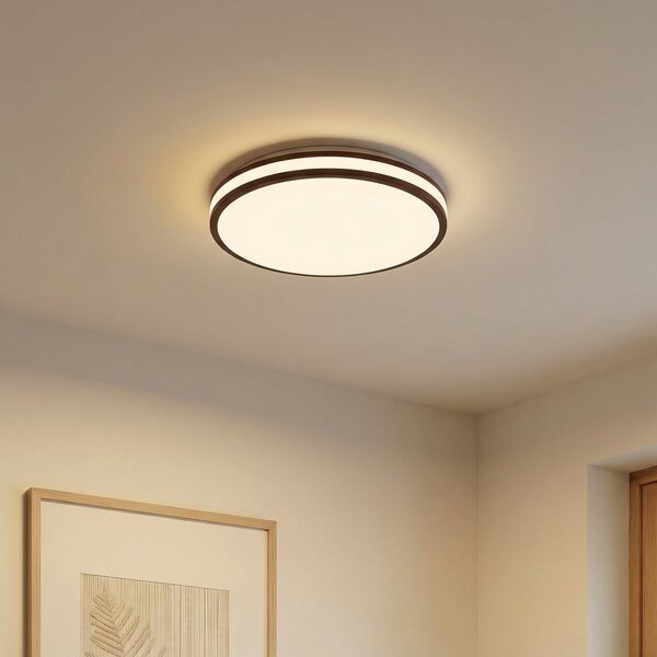 Lindby LED-stropna svetilka Emiva, Ø 40 cm, temno leseno, CCT, Les, Dnevna soba / jedilnica, Les, Sodobni