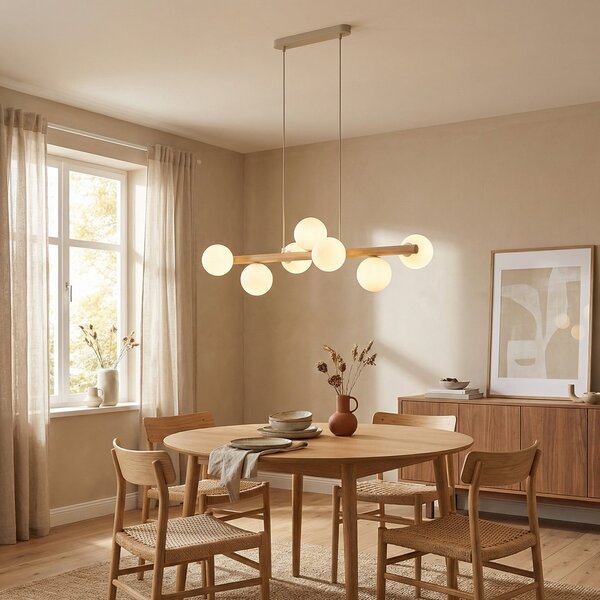 TK Lighting Estera viseče svetilo, opalno steklo, les, sedem luči, zatemnjen, Les, Dnevna soba / jedilnica, Steklo, Globus
