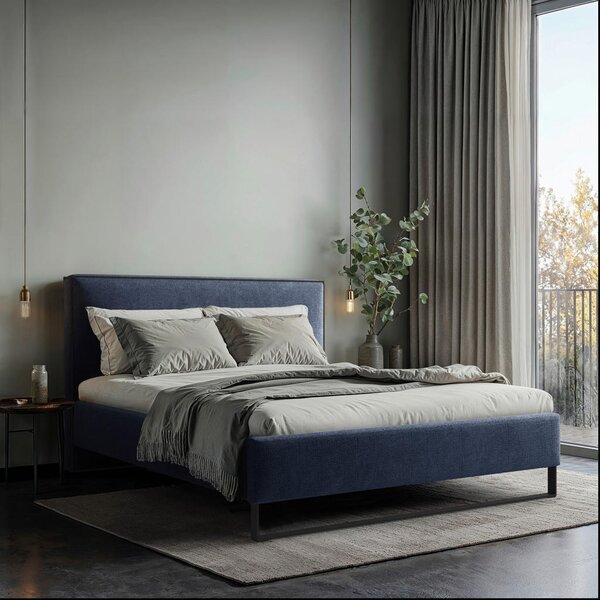 OBLAZINJENA POSTELJA 180 cm x 200 cm , les, tekstil, leseni material temno modra