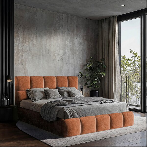 OBLAZINJENA POSTELJA 140 cm x 200 cm , les, tekstil, leseni material opečnato rjava