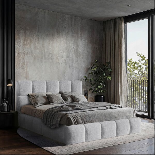 OBLAZINJENA POSTELJA 140 cm x 200 cm , les, tekstil, leseni material svetlo siva