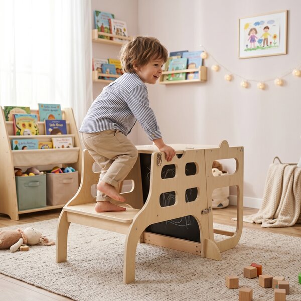 KONDELA Montessori učni stolp 3v1 s tablo, naravna, MAGAN