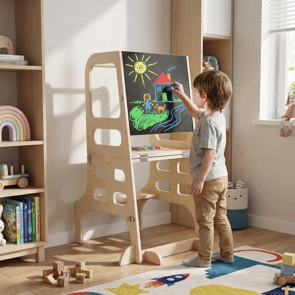 KONDELA Montessori učni stolp 3v1 s tablo, naravna, MAGAN
