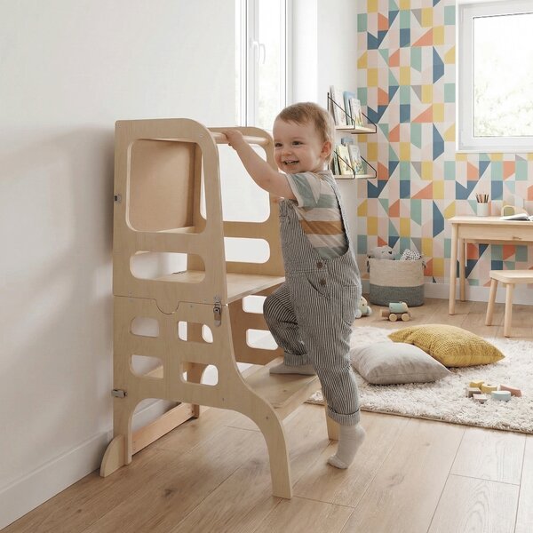 KONDELA Montessori učni stolp 3v1 s tablo, naravna, MAGAN