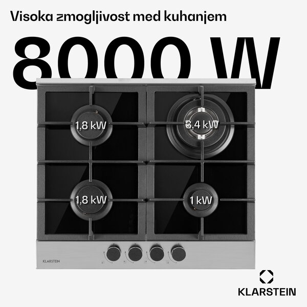 Klarstein Alchemist, 4-conska plinska kuhalna plošča, aluminijasti gorilniki, steklokeramika, črna