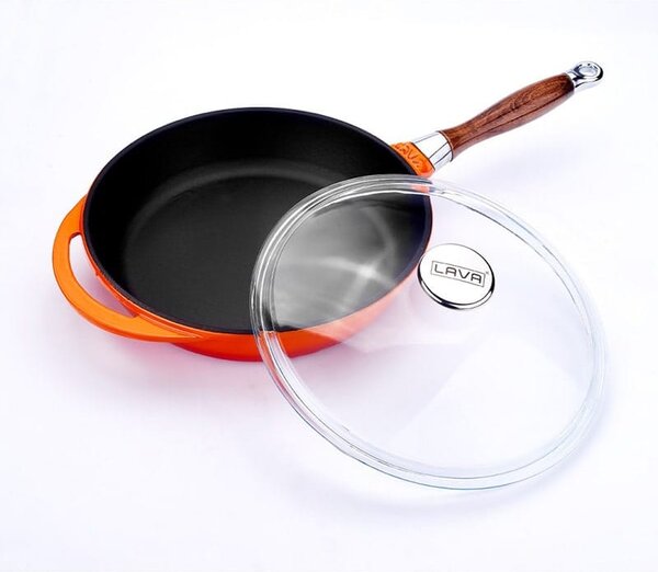 LAVA Litoželezna ponev, 28 cm - s snemljivim ročajem in steklenim pokrovom, oranžna