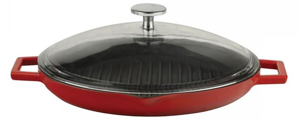 LAVA Litoželezna gril ponev, 26 cm - z dvema ročajema in steklenim pokrovom, rdeča
