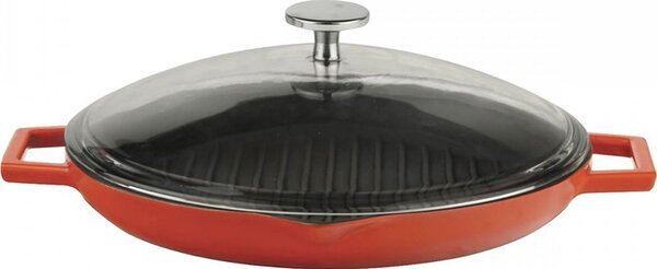 LAVA Litoželezna gril ponev, 30 cm - z dvema ročajema in steklenim pokrovom, rdeča