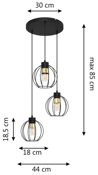 Lestenec na vrvici STARLIGHT 3xE27/60W/230V črna/zlata