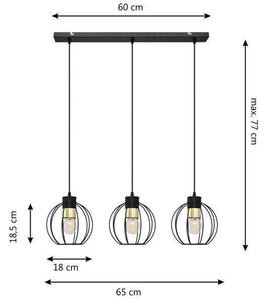 Lestenec na vrvici STARLIGHT 3xE27/60W/230V črna/zlata