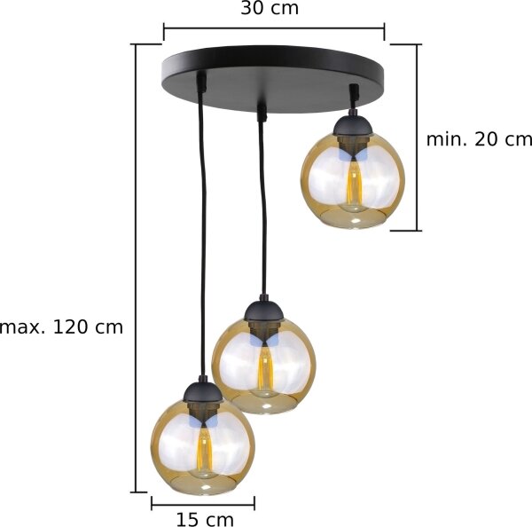 Lestenec na vrvici AMBRE BLACK 3xE27/60W/230V premer 30 cm