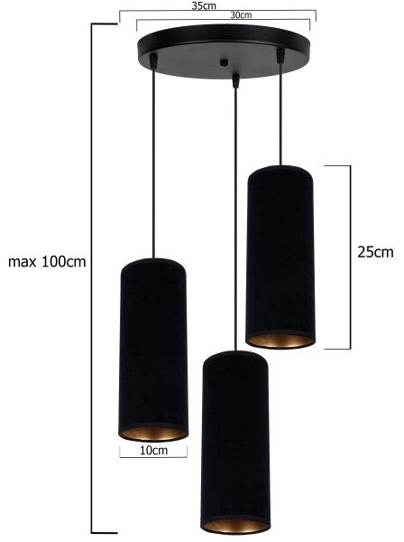 Lestenec na vrvici AVALO 3xE27/60W/230V premer 35 cm črna