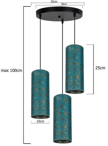 Lestenec na vrvici AVALO 3xE27/60W/230V premer 35 cm turkizna/zlata